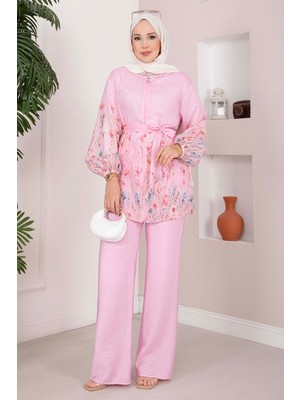 EFL Çiçek Desen Kuşaklı Tunik Pantolon Takım Pembe