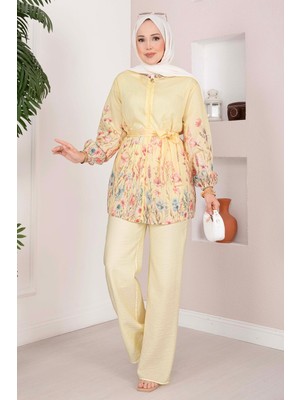 EFL Çiçek Desen Kuşaklı Tunik Pantolon Takım Sarı