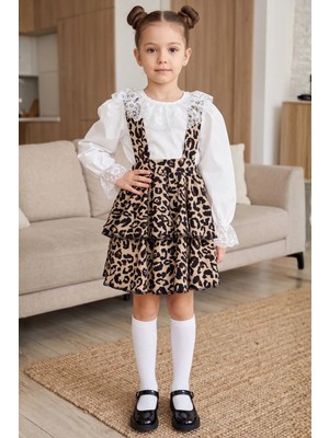 Parla Kids Kız Çocuk Leopar Elbise Helen Askılı Jile Dantelli Ekru Bluz Takım 23 Nisan 29 Ekim Gösteri Kıyafeti
