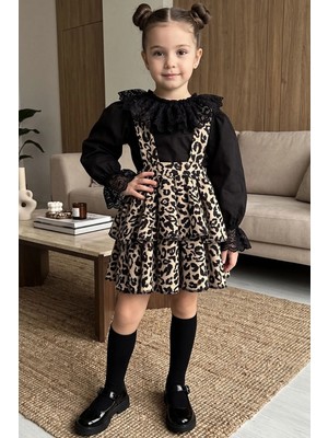 Parla Kids Kız Çocuk Helen Leopar Desenli Askılı Kat Kat Bağlama Jile Elbise Dantel Detay Uzun Kollu Bluz Takım