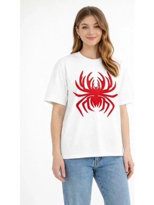 Nova Epoxy Art   Örümcek Baskılı Tişört Kısa Kollu Bisiklet Yaka T-Shirt - Beyaz