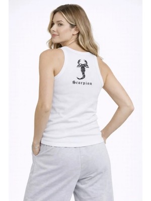 Nova Epoxy Art   Fitilli Atlet Sıfır Yaka Slim Fit Arka Baskılı Spor Atlet - Beyaz