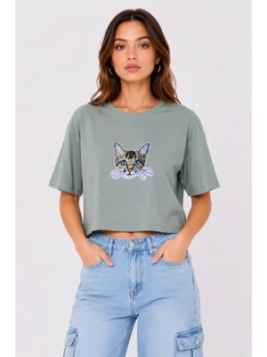 Nova Epoxy Art   Kedi Baskılı Oversize Crop Tişört Salaş Basic Yarım Kol T-Shirt - Mint Yeşili