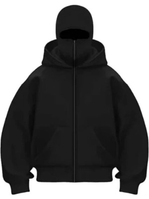 Nova Epoxy Art   Samuray Ninja Çift Kapşonlu Zıp Fermuarlı Kanguru Çepli Hoodie Maske Detaylı Swetshirt - Siyah