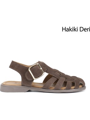 Gönderi(r) Kadın Koyu Vizon Süet  Tokalı Bantlı Burnu Kapalı Hakiki Deri Sandalet