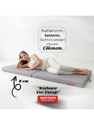 Xpermate Katlanır Sünger Yatak Tek Kişilik Kamp Misafir Yatağı Yer Yatağı Minderi Yıkanabilir Kılıf Gri 80x180x8 cm