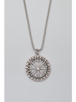 IDR Viking Pusula Kolye (Vegvisir) - Örme İthal Zincirli Unisex Gümüş Kaplama - 60 cm