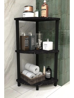 The Violett Decoline Banyo Rafı 3 Katlı Moblen Modern Organizer Depolama Ünitesi-Siyah Mermer