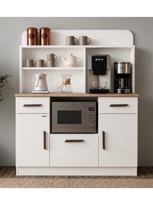 Noiss Home Decor Milano Kahve Köşesi Dolabı Mikrodalga Fırın Dolabı Çekmeceli Mutfak Organizeri