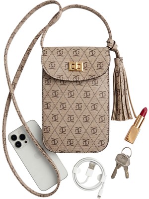 Eych Kadın Monogram Desenli Telefon Bölmeli Çapraz Askılı Çanta - Püskül Detaylı Kilitli Mini Çanta