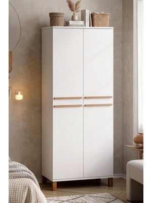 Yurudesign Oslo Ahşap Ayaklı 2 Kapaklı Raflı Bölmeli Tekli Gardırop Bebek Genç Odası Dolabı Elbise Dolabı Beyaz OL18-W