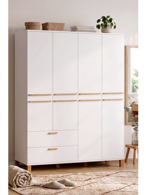Yurudesign Oslo Ahşap Ayaklı 4 Kapaklı 2 Çekmeceki Raflı Bölmeli Gardırop Genç Odası Dolabı Elbise Dolabı Beyaz OL19-W