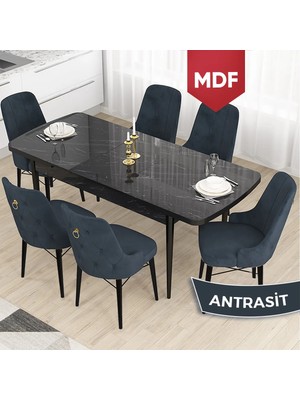 Canisa Concept Taç Serisi MDF 80X132 Açılabilir Siyah Mermer Desen Masa Takımı  6 Sandalye Gold Halkalı