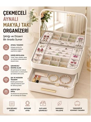 Empressco Çekmeceli Aynalı Çok Bölmeli Makyaj ve Takı Organizer