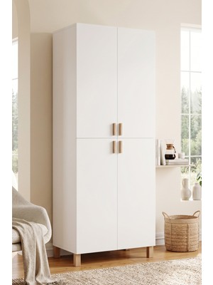 Yurudesign Oslo 4 Kapaklı Ahşap Ayaklı Geniş Çok Amaçlı Dolap Ayakkabılık Mutfak Kiler Banyo Erzak Dolabı Beyaz Ol2-W