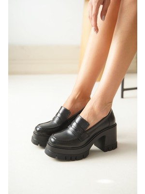 Zerenyus ZRİN-506 Premium Siyah Günlük Yüksek Topuklu Platform Kadın Loafer