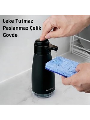 Sense Touch Manuel Pompalı Sıvı Sabunluk | Paslanmaz Çelik | 450ML Şeffaf Seviye Bölmesi | Parmak Izi Bırakmaz | Banyo ve Mutfak | Siyah