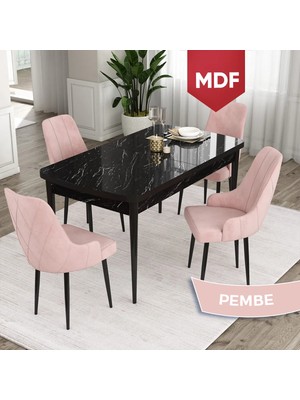 Canisa Concept Ram Serisi,MDF 80 x 132 cm Açılabilir Masa Takımı,siyah Mermer Desen Masa 4 Sandalye