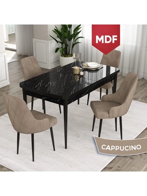 Canisa Concept Ram Serisi, MDF 80 x 132 cm Açılabilir Masa Takımı,siyah Mermer Desen Masa 4 Sandalye