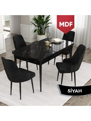 Canisa Concept Ram Serisi MDF 80X132 Açılabilir Siyah Mermer Desen Yemek Masası Takımı 4 Babyface Kumaş Sandalye