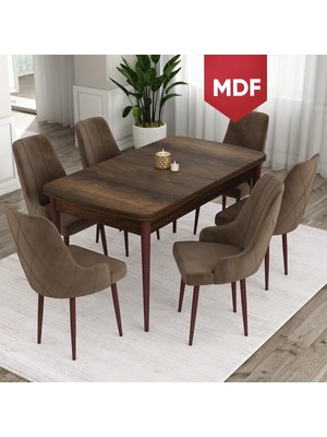 Canisa Concept Ram Serisi, 80 x 132 cm Açılabilir Masa Takımı, Barok Ahşap Desen Masa 6 Sandalye