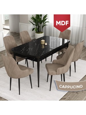 Canisa Concept Ram Serisi MDF 80 x 132 cm Açılabilir Masa Takımı,siyah Mermer Desen Masa 6 Sandalye