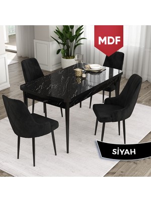 Canisa Concept Ram Serisi MDF 80 x 132 cm Açılabilir Masa Takımı,siyah Mermer Desen Masa 4 Sandalye