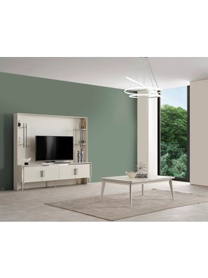 Enluso Alyans Ayna Krom Lcd Tv Sehpa Table Top Ünite Fonlu (Sedef Krem) - 200