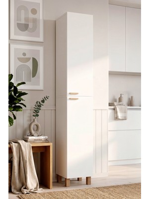 Yurudesign Oslo 2 Kapaklı 8 Raflı Ahşap Ayaklı Çok Amaçlı Mutfak Kiler Erzak Boy Dolabı Beyaz Ol4-W