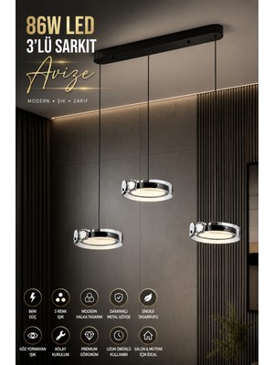 Elvora Home Modern (Premium) 3'lü 3 Renkli Şık Ledli 86W Sarkıt Avize Salon Mutfak Yemek Masası Üstü Avizesi Modelleri
