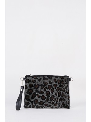Vivaq Kadın Leopar Gümüş Taşlı Süet Bilek Askılı ve Zincir Askılı Portföy El ve Clutch Çanta