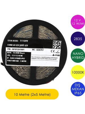 Tilki Dünyası Ledronics Premium Samsung Çipli 12V Nano Hybrid Şerit LED - Dış Mekan IP65 Su Geçirmez, 12W/MT 8mm 60 LED