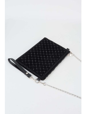 Vivaq Kadın Kapitone Siyah Taşlı Süet Bilek Askılı ve Zincir Askılı Portföy El ve Clutch Çanta