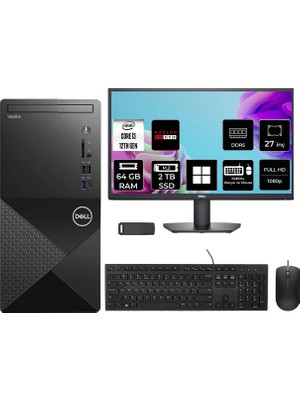 Dell Vostro 3030MT Core I3 12100 Rx 550 4gb 64GB Ram 2tb SSD 27" Fhd WIN11 Home N6001VDT3030MTP995 Masaüstü Bilgisayar + Per4 USB Bellek