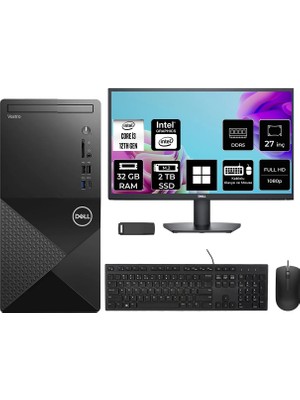 Dell Vostro 3030MT Core I3 12100 32GB Ram 2tb SSD 27" Fhd WIN11 Home N6001VDT3030MTP927 Masaüstü Bilgisayar + Per4 USB Bellek