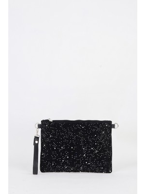 Vivaq Kadın Yıldız Gümüş Taşlı Süet Bilek Askılı ve Zincir Askılı Portföy El ve Clutch Çanta