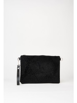 Vivaq Kadın Siyah Taşlı Süet Bilek Askılı ve Zincir Askılı Portföy El ve Clutch Çanta