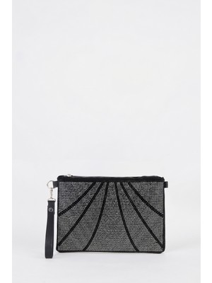 Vivaq Kadın Parça Gümüş Taşlı Süet Bilek Askılı ve Zincir Askılı Portföy El ve Clutch Çanta