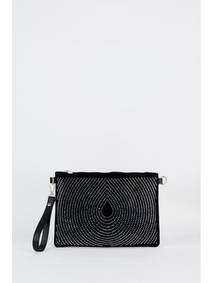 Vivaq Kadın Damla Gümüş Taşlı Süet Bilek Askılı ve Zincir Askılı Portföy El ve Clutch Çanta