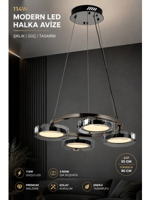 Elvora Home Modern (Premium) 4'lü Platin 3 Renkli Ledli 114W Sarkıt Avize Salon Mutfak Oturma Odası Avizesi  Modelleri