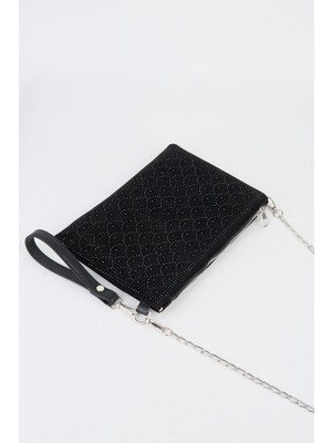 Vivaq Kadın Balık Siyah Taşlı Süet Bilek Askılı ve Zincir Askılı Portföy El ve Clutch Çanta