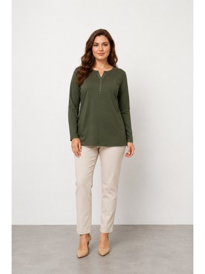 Bihan Store Kadın Taş Detaylı Uzun Kollu Bluz Y26-2133 - Haki