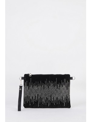 Vivaq Kadın Dalgalı Gümüş Taşlı Süet Bilek Askılı ve Zincir Askılı Portföy El ve Clutch Çanta