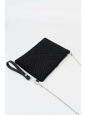 Vivaq Kadın V Desen Siyah Taşlı Süet Bilek Askılı ve Zincir Askılı Portföy El ve Clutch Çanta