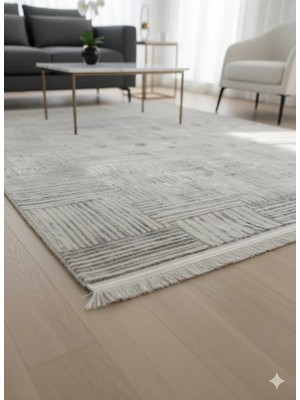 Deffino Home Krem Gri Saten Bambu Ince Sık Dokuma Parlak Yüzey Kaymaz Özel Kesme Salon Koridor Halı Yolluk
