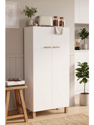 Yurudesign Oslo 2 Kapaklı 5 Raflı Ahşap Ayaklı Çok Amaçlı Mutfak Kiler Erzak Banyo Dolabı Beyaz Ol8-W