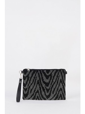 Vivaq Kadın Zikzak Gümüş Taşlı Süet Bilek Askılı ve Zincir Askılı Portföy El ve Clutch Çanta