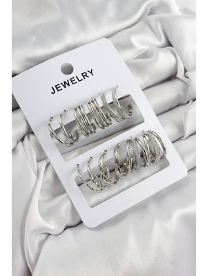 Mabelme Store Pirinç Karışık Halka Model Gümüş Renk 6 Çift Kadın Küpe Set