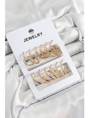 Mabelme Store Pirinç Karışık Halka Model Gold Renk 6 Çift Kadın Küpe Set