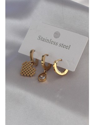 Mabelme Store 316L Çelik Gold Renk Kalp Model Zirkon Taş Detay Kadın Küpe Kombini